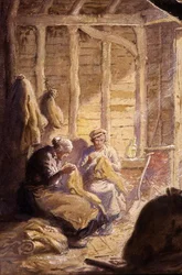Säcke nähen in der Scheune