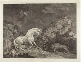 Ein Pferd erschreckt vor einem Löwen