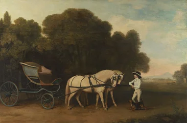 Phaeton mit einem Paar Cremeponys und einem Stallburschen