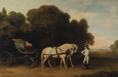 Phaeton mit einem Paar cremefarbener Ponys und einem Stallburschen
