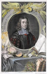 Porträt des englischen Arztes Thomas Willis (1622-1675). Handkolorierter Stich von George Vertue