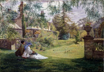 Ein Sommernachmittag. Zwei junge Frauen sitzen im Gras eines Gartens. Vor ihnen ist ein Cricketspiel aufgebaut. Gemälde von George William Mote (1832-1909 Britisch). Präraffaelismus (präraffaelitische Kunst). Privatsammlung