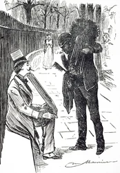 Eine Karikatur, die einen Schornsteinfeger zeigt, der seine Bürsten durch die Straßen Londons trägt. Illustriert von George du Maurier (1834-1896), ein franco-britischer Karikaturist und Autor