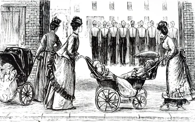 Eine Gravur, die Kindermädchen zeigt, die Kinder in Kinderwagen schieben. Illustriert von George du Maurier (1834-1896), einem franco-britischen Karikaturisten und Autor