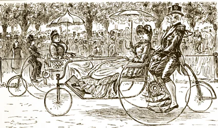 Eine Gravur, die Passagiere zeigt, die in Fahrradkutschen fahren. Illustriert von George du Maurier (1834-1896), ein franco-britischer Karikaturist und Autor