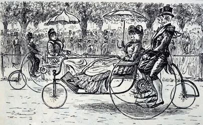 Eine Gravur, die Passagiere zeigt, die in Fahrradkutschen fahren. Illustriert von George du Maurier (1834-1896), ein franco-britischer Karikaturist und Autor