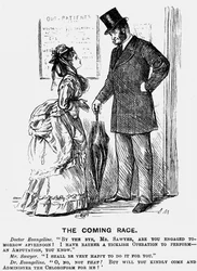 Die kommende Rasse. Der Chirurg der Zukunft. George du Maurier Karikatur aus Punch London 14. September 1872 zeigt die herablassende Haltung, die Frauen im medizinischen Beruf von männlichen Kollegen erwarten konnten. Gravur.