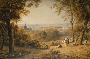 Ein Blick auf Versailles mit eleganten Figuren im Vordergrund bei Sonnenuntergang
