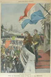 Prozession der Korporationen in Den Haag vor Königin Wilhelmina der Niederlande zur Feier ihrer Hochzeit mit Herzog Heinrich von Mecklenburg, Februar 1901