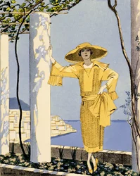 Amalfi, Illustration einer Frau in einem gelben Kleid von Worth
