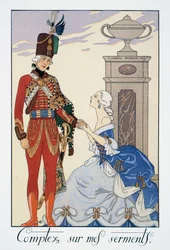 Comptez sur mes serments (Ich werde dir treu sein), ungarischer Husar, Lithografie von George Barbier, aus Falbalas et Fanfreluches, Almanach des Modes Presentes, Passees et Futures