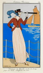 Yachtkostüm: Jacke aus Tuch, Rock aus Leinen, Hut aus Leder. Eine Frau in einem Yachtkostüm: eine rote Tuchjacke, gestreifter Leinenrock, ein Lederhut und ein blauer Schal. Sie benutzt ein Teleskop und zeigt auf das Boot im Hintergrund. Pariser Kostüme.