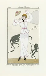 Entwurf für weißes Kleid mit rosa Besatz und Häkelgürtel, aus Costumes Parisien, veröffentlicht 1912