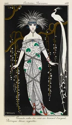 Großes Abendkleid aus Silberbrokat. Costumes Parisiens Nr. 73. Blaue Perücke, Federschmuck. Frauen in Abendkleidern mit Silberbrokat, roten Pantoffeln und blauer Perücke mit silbernem Kopfschmuck, im Hintergrund ein weißer Pfau auf einem Ast.