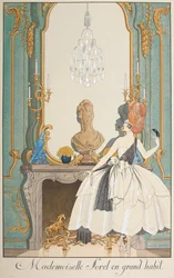 Mademoiselle Sorel in großem Habit. Eine Frau steht vor einem Kamin.