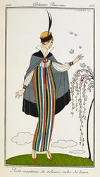 Kleiner Samtmantel, Leinenkleid. Frau in einem kleinen Samtmantel, mit einem gestreiften Leinenkleid, orangefarbenen T-Bar-Schuhen und einem Hut mit schwarzer und roter Verzierung. Pariser Kostüme.