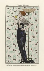 Abendkleid aus schwarzem Satin und Tüll, mit Brillanten besetzt, aus Costumes Parisien, veröffentlicht 1913