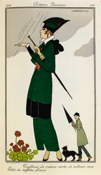 Tailleur aus grünem und schwarzem Samt. Weste aus Erdbeerseide. Frau in einem maßgeschneiderten Outfit aus grünem und schwarzem Seide, mit einer Erdbeerenseidenweste. Person in einem Trenchcoat mit einem Regenschirm und einem Hund im Hintergrund. Pariser K
