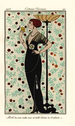 Frau in einem Abendkleid aus schwarzem Satin und Tüll, mit Brillanten besetzt. Nach einer Illustration von George Barbier aus Tommaso Antonginis 