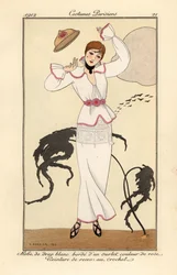 Frau in weißem Wollkleid mit rosa Besatz, Gürtel aus gehäkelten Rosen, verliert ihren Hut im Wind. Handkolorierte Pochoir-Radierung nach einer Illustration von George Barbier
