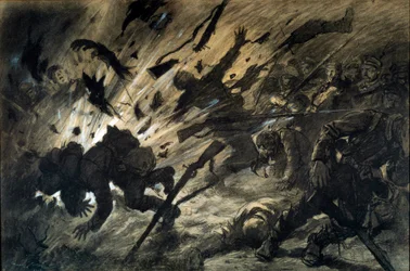 Wirkung einer Granate in der Nacht, April 1915. Zeichnung von Georges Scott, genannt Scott de Plagnolles (1874-1942), 1915 - Tusche auf Papier, Gouachehöhungen - Maße: 0,67 x 1,010 m - Paris, Musée de l