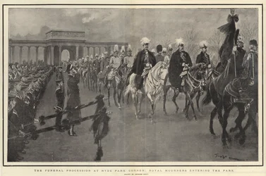 Der Trauerzug am Hyde Park Corner, königliche Trauergäste betreten den Park