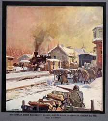 Ein Kampf zwischen der Roten und Weißen Garde an einem Bahnhof, aus Histoire des Soviets, veröffentlicht 1922