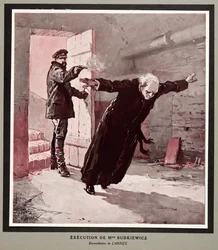 Hinrichtung von Monsignore Budkiewicz durch die OGPU, aus Histoire des Soviets, veröffentlicht 1922