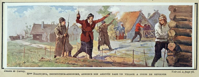Frau Baloujeva, Agronomin, kündigt ihre Ankunft in einem Dorf mit einem Revolver an, aus Histoire des Soviets, veröffentlicht 1922