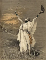 Die Schauspielerin Henriette Rosine Bernard genannt Sarah Bernhardt (1844-1923) in der Rolle des Herzogs von Reichstadt (Sohn von Kaiser Napoleon I. (1769-1821) - „Der Aiglon“, Gravur von Georges Jules Victor Clairin (1843 - 1919) von 1900.