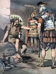Gallischer Krieg: Der gallische Krieger Vercingetorix als Gefangener in den römischen Waffen von Julius Caesar in den Gefängnissen des Tullianum, 46 v. Chr. Illustration von