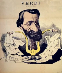 Karikatur des Komponisten Giuseppe Verdi (1813-1901) von Pilotell (1845-1918), März 1869. Conservatoire National de Musique, Paris