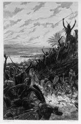 Illustration von Georges Antoine Rochegrosse (1859-1938) für den Roman „Salammbo“ von Gustave Flaubert, der den Söldnerkrieg zur Zeit des Ersten Punischen Krieges (246-241 v. Chr.) zwischen den Römern und Karthagern als Rahmen nimmt.