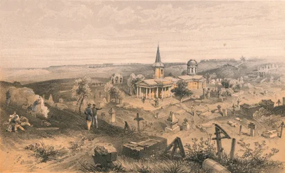 Quarantänefriedhof und Kirche mit französischer Batterie Nr. 50, 1856