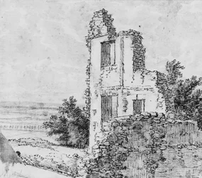 Eine Allee von Bäumen in einem Park (recto), Die Ruinen eines Gebäudes auf einem Hügel (verso), n.d.