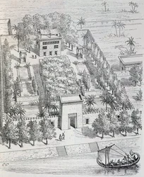 Ansicht einer ägyptischen Villa am Nil, Rekonstruktion von Chipiez, aus Geschichte der Kunst im Altertum (Ägypten, Assyrien, Persien, Kleinasien, Griechenland, Etrurien, Rom)