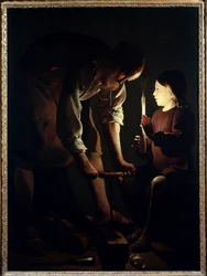 Der heilige Josef als Zimmermann. Das Jesuskind hält eine Kerze, um seinem Vater Josef bei der Arbeit zu leuchten. Georges de La Tour (1593-1652), 1640, So. 1,07 X 1,02 m, Paris, Louvre-Museum
