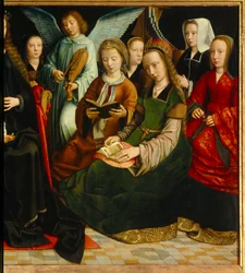 Die Jungfrau unter den Heiligen. Detail der Heiligen: Heilige Apolline, Heilige Godeline, Heilige Cäcilia, Heilige Barbara, Heilige Lucia. Gemälde von Gerard David