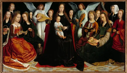 Die Jungfrau zwischen den Heiligen Vorne: Heilige Dorothee, Heilige Katharina, Heilige Agnes, Heilige Fausta, Heiliger Apollo (oder Apollonia), Heilige Godeline, Heilige Cäcilia, Heilige Barbara, Heilige Lucia, hinten: Gerard David und seine Frau Cornelie 