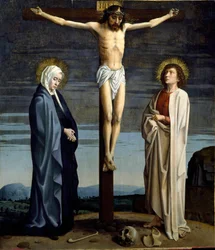 Die Kreuzigung. Inschrift „INRI“ (I.N.R.I.) am Kreuz. Gemälde, Lebensdaten des Künstlers 1460-1523