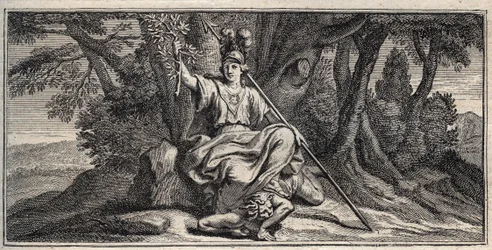 Minerva besiegt die Zwietracht (Stich von Gerard Edelinck nach Daniel Halle)