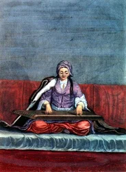 Türkisches Mädchen, das die Zither spielt, graviert von Gerard Jean Baptiste Scotin