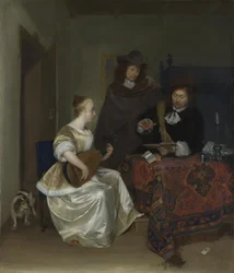 Eine Frau spielt eine Theorbe für zwei Männer, ca. 1668