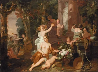 Nymphen und Bacchantinnen huldigen im Tempel der Flora