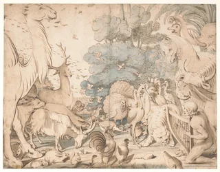 Orpheus verzaubert die Tiere mit seinem Spiel