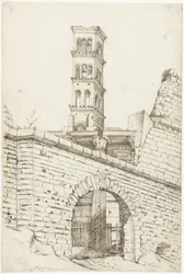 Tempel des Mars Ultor und der Pantanibogen im Forum des Augustus und der Turm von San Basilio