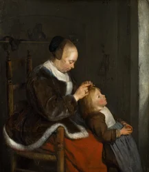 Mutter kämmt ihrem Kind die Haare, bekannt als Läusejagd, um 1652-1653