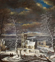 Ein Dorf im Winter in einer weiten Landschaft mit Figuren auf dem Eis