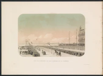 Wettbewerb für Schlitten auf der Maas in Rotterdam, 1855 (Serie: Das Eisspektakel auf der Maas in Rotterdam im Februar 1855, mit Beschriftungen)