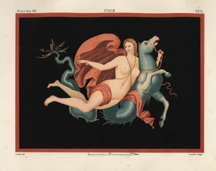 Eine Nereide (Meernymphe) im Mantel und mit Armbändern reitend auf einem Seeungeheuer oder Hippokampus, halb Pferd und halb Fisch. Museo Naz. XXII, Stabiae. Gezeichnet und chromolithographiert von Victor Steeger aus Emile Presuhn (1844-1878) Die schönsten 